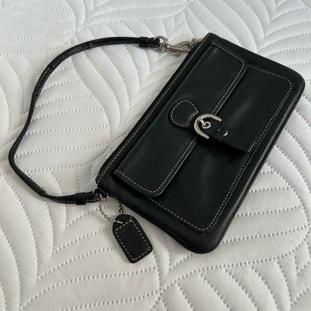 Coach Black Leather Wristlet with Silver Buckle